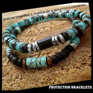 Men  SET bracelets blue african TURQUOISE Tourmaline Hematite stone Cocowood, Infinity cord, Stack Protection Bracelets MEN / couple gift