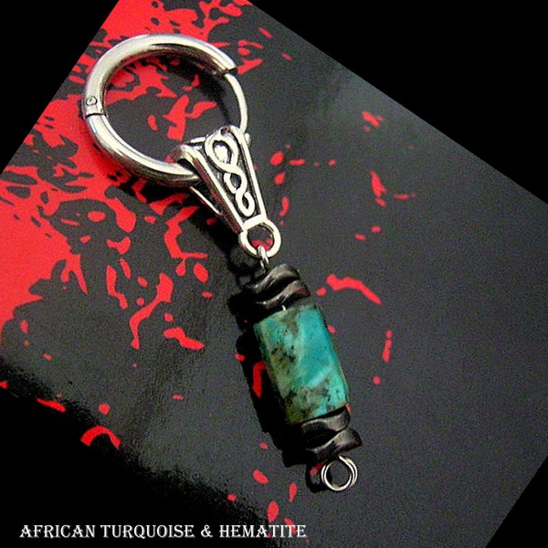 Boucles d'oreilles homme, African Turquoise, HematitePierre d'abondance, Spike, Clips /Hoops/clip on, cadeau homme femme cadeau couple