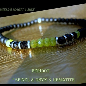Men tiny PERIDOT green stone Diamond Spinel Onyx Hematite bracelet, Healing protection slim bracelet Men, women, couple gift, August stone