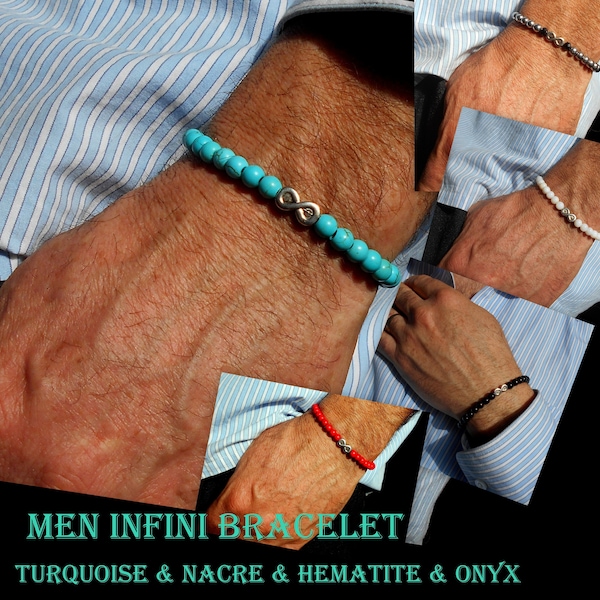 BRACELETS homme Infini argent, Bracelet Turquoise,Hematite, Onyx,Nacre, bracelet rouge, Cadeau couple, cadeau pour lui