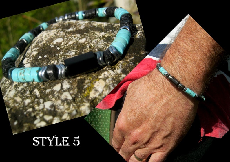 BRACELET Homme Pierre Turquoise Tourmaline Aigue-marine Lapis lazuli Jaspe Sanguin Onyx Lave Hematite Argent Cadeau homme Protection BRACELET STYLE 5