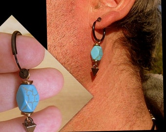 Men Women hoop / Clip on TURQUOISE STONE, Hematite stainless steel clip on non piercing Earrings Men Women couple gift