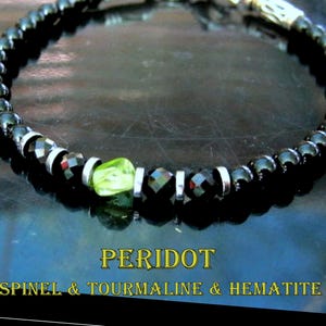 Men tiny raw PERIDOT green Black Diamond Spinel Tourmaline bracelet, Healing protection slim bracelet Men, women, couple gift, August stone
