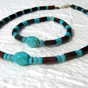 Collier Homme pierre naturelle TURQUOISE Perles bois du coco Set bijoux unisex tribal ethnique, Cadeau Decembre homme/femme/COUPLE image 5