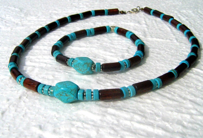 Collier Homme pierre naturelle TURQUOISE Perles bois du coco Set bijoux unisex tribal ethnique, Cadeau Decembre homme/femme/COUPLE image 5