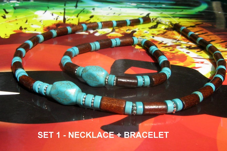 Collier Homme pierre naturelle TURQUOISE Perles bois du coco Set bijoux unisex tribal ethnique, Cadeau Decembre homme/femme/COUPLE SET style 1