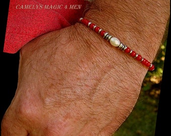 Men Bracelet Freshwater Pearl, Coral, Tourmaline & Hematite wave, Red bracelet, Spiritual Healing surfer bracelet Men/women/couple gift