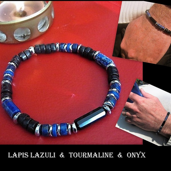 BRACELET Homme Pierre LAPIS LAZULI Turquoise Tourmaline Onyx Obsidienne Kyanite Lave Argent Protection prospérité cadeau homme/ femme/couple