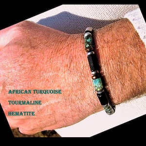 Men Bracelet African Turquoise Tourmaline  lava 925 Silver Protection Prosperity Healing bracelet. Men/women/couple gift