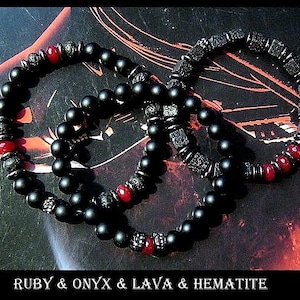 Pulsera de ónix negro de lava y rubí para hombre, pulsera de abundancia con protección curativa y granate, regalo para pareja para hombre y mujer, piedra de nacimiento de enero