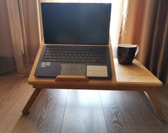 Wooden laptop stand for bed, Large Bed Table, wood laptop holder desk, MacBook Pro Stand