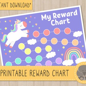 May include: Printable reward chart featuring a unicorn with a rainbow and clouds. The chart has a purple background with stars and hearts. The text "My Reward Chart" is at the top of the chart.