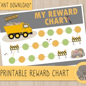 May include: Printable reward chart with a construction theme. The chart features a yellow dump truck, construction cones, and a hammer. The chart has 12 circles to color in as a reward system.