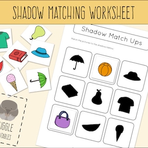 May include: A printable shadow matching worksheet for kids. The worksheet features a variety of objects, including a watermelon, an ice cream cone, a pear, a hat, an umbrella, a book, a t-shirt, and a purse. The worksheet also includes the text "Shadow Match Ups" and "Match the pictures to the shadows below."