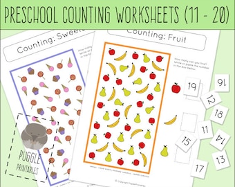 May include: Two printable preschool counting worksheets. The first worksheet features a colorful pattern of sweets, including ice cream cones, cupcakes, and lollipops. The second worksheet features a colorful pattern of fruit, including apples, pears, and bananas. Both worksheets have a space to write or paste the number of items found.