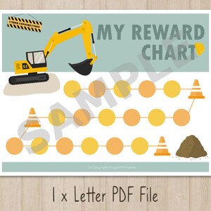 May include: A printable reward chart featuring a yellow construction vehicle and a path of orange and yellow circles. The chart has the text "My Reward Chart" at the top and "Copyright PugglePrintables" at the bottom. The chart is labeled "1 x Letter PDF File".