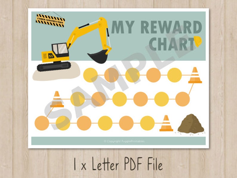 May include: A printable reward chart featuring a yellow construction vehicle and a path of orange and yellow circles. The chart has the text "My Reward Chart" at the top and "Copyright PugglePrintables" at the bottom. The chart is labeled "1 x Letter PDF File".