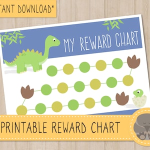 May include: Printable dinosaur reward chart with green and yellow circles, brown footprints, and a green dinosaur illustration. The chart says "My Reward Chart" at the top and "Printable Reward Chart" at the bottom.