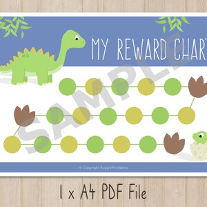 May include: A printable reward chart featuring a green dinosaur with a blue background. The chart has a path of green and yellow circles with brown dinosaur footprints. The text "MY REWARD CHART" is at the top of the chart.