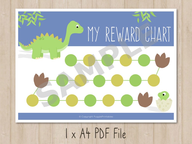May include: A printable reward chart featuring a green dinosaur with a blue background. The chart has a path of green and yellow circles with brown dinosaur footprints. The text "MY REWARD CHART" is at the top of the chart.