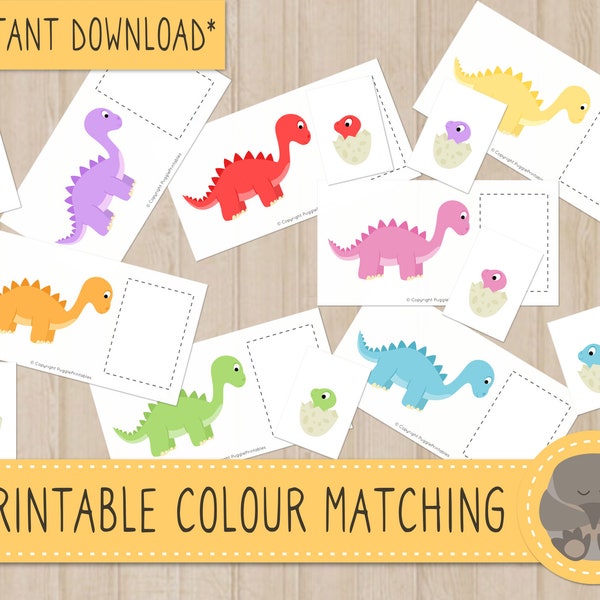Actividad de combinación de colores de dinosaurio bebé imprimible con bolsa ocupada para niños DESCARGAR