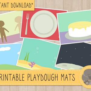 Könnte beinhalten: Druckbare Playdough-Matten mit Bildern einer Person, eines Tellers, eines Kuchens, eines Himmels, eines Meeres und eines Mondes. Die Matten sind gelb mit schwarzem Rand und dem Text "Druckbare Playdough-Matten" in Schwarz.