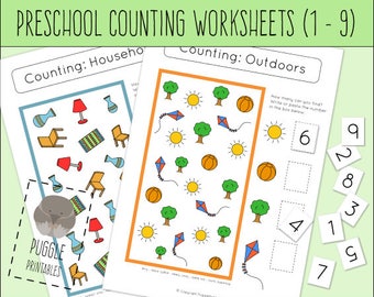 May include: Two printable preschool counting worksheets. The first worksheet features a house theme with images of lamps, vases, chairs, and rugs. The second worksheet features an outdoor theme with images of suns, kites, trees, and basketballs. Both worksheets have a space for children to write or paste the number of items they count.