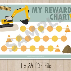 May include: A printable reward chart featuring a yellow excavator with a black bucket, a construction sign that says "Under Construction", and a path of yellow and orange circles leading to a pile of dirt. The chart is titled "My Reward Chart" and includes the text "Copyright PigglePrintables" and "1 x A4 PDF File".