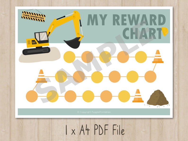 May include: A printable reward chart featuring a yellow excavator with a black bucket, a construction sign that says "Under Construction", and a path of yellow and orange circles leading to a pile of dirt. The chart is titled "My Reward Chart" and includes the text "Copyright PigglePrintables" and "1 x A4 PDF File".