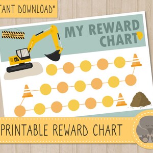 May include: Printable reward chart featuring a yellow excavator with a sign that says "Under Construction". The chart has a blue background with a yellow circle path and yellow construction cones.
