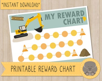 May include: Printable reward chart featuring a yellow excavator with a sign that says "Under Construction". The chart has a blue background with a yellow circle path and yellow traffic cones.