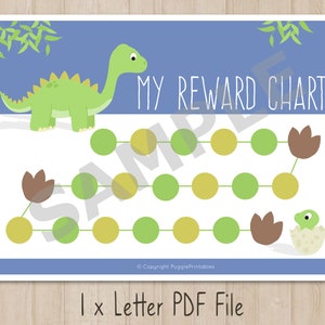 May include: A printable reward chart featuring a green dinosaur with a blue background. The chart has a line of green and yellow circles with brown flower shapes at the end of the line. The text "My Reward Chart" is at the top of the chart.