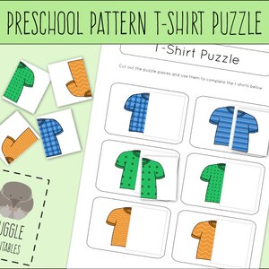 May include: A printable preschool activity featuring a t-shirt puzzle. The puzzle includes four t-shirts with different patterns: green polka dots, orange stripes, blue stripes, and plaid. The puzzle pieces are cut out and placed on top of the t-shirts to complete the pattern.