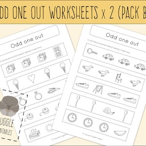 May include: Two black and white printable worksheets with the title "Odd One Out" and instructions to circle the picture that doesn't belong in each box. The worksheets feature various images, including a box, an apple, an ice cream cone, a heart, a ring, a spool of thread, a key, a car, a bird, a chair, a shoe, a swing set, a spoon, a snail, a clock, and a watermelon.