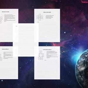 May include: Four printable tarot card spreads for dream interpretation. The spreads are titled "Dream Catcher", "Dream Discover", "Dream Spread", and "Confronting Dreams". Each spread includes a grid of numbered squares with a corresponding question for each square.