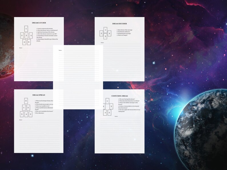 May include: Four printable tarot card spreads for dream interpretation. The spreads are titled "Dream Catcher", "Dream Discover", "Dream Spread", and "Confronting Dreams". Each spread includes a grid of numbered squares with a corresponding question for each square.