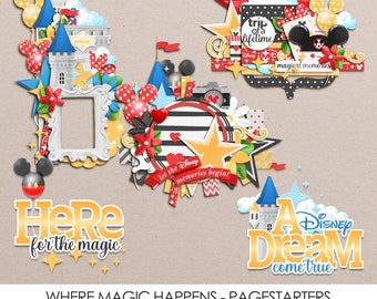 May include: A digital scrapbook kit with a Disney theme. The kit includes images of Mickey Mouse, Cinderella's castle, and other Disney icons. The text "Where Magic Happens - Pagestarters" is included in the image.