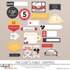 Op de afbeelding: Een set met printbare feesttags met Mickey Mouse en Chef Mickey-personages. De tags zijn geel, rood en zwart met witte tekst. De tekst bevat "The Chef's Table - Snippets", "Magical Meal", "Dine with the Characters", "Look Who We Met", "Here's the Story", "Nice to Meet You", "Pure Magic", "Sprinkled with Magic", "What a Meal", "At the Chef's Table", "#EatWithMickey", "CM Chef Mickey's", "M Mickey Mouse", "Date:", "Character Dining", "The Fab Five Meeting", "5", "Yum", "Magic Served Daily".