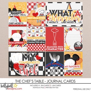 Op de afbeelding: Acht printbare journalkaarten met Mickey Mouse als chefkok. De kaarten hebben een rood, geel en zwart geruite achtergrond met Mickey Mouse's hoofd en de tekst "Chef Mickey's". De kaarten bevatten zinnen als "Dit was een magische maaltijd", "Beste maaltijd ooit!" en "Mijn complimenten aan de chef".