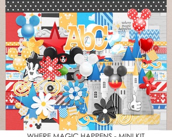 May include: A digital scrapbooking kit with a whimsical Disney theme. The kit includes 12x12 papers, elements, and alpha characters. The papers are in JPEG format, and the elements and alpha characters are in PNG format. The kit features a colorful design with Mickey Mouse, Minnie Mouse, and other Disney characters. The text "Where Magic Happens" is featured on the kit.