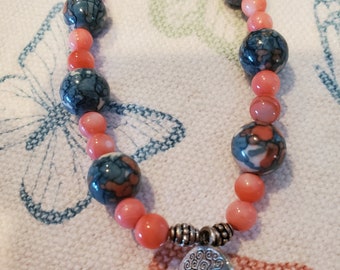 Blue Denim Jade Bracelet, Tree of Life Charm - Throat Chakra