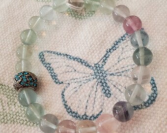 Rainbow Fluorite Bracelet with Silver Starfish Charm, Reiki Charged