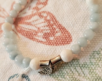 Aquamarine & Coral Bracelet, Sterling Silver Angel Wing Charm