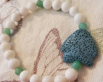 White Jade & Quartzite Bracelet with Lava Stone Fish Charm
