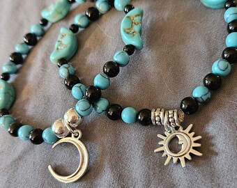 Turquoise & Onyx Beaded Bracelet with Moon Charm