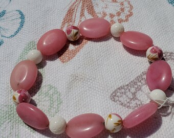 Morganite & Coral Beaded Bracelet with Ceramic Flower Beads