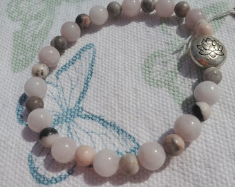 Rose Quartz Bracelet with Pink Zebra Jasper and Silver Lotus