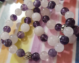 Rose Quartz Amethyst Bracelet, Semiprecious Healing Crystal Jewelry