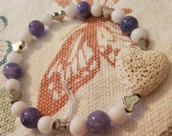 White Jade & Blue Lace Agate Heart Bracelet, Aromatherapy Diffuser