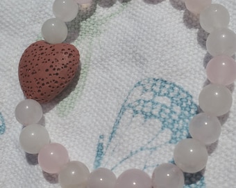 Rose Quartz Bracelet with Heart Lava Bead, Aromatherapy Diffuser